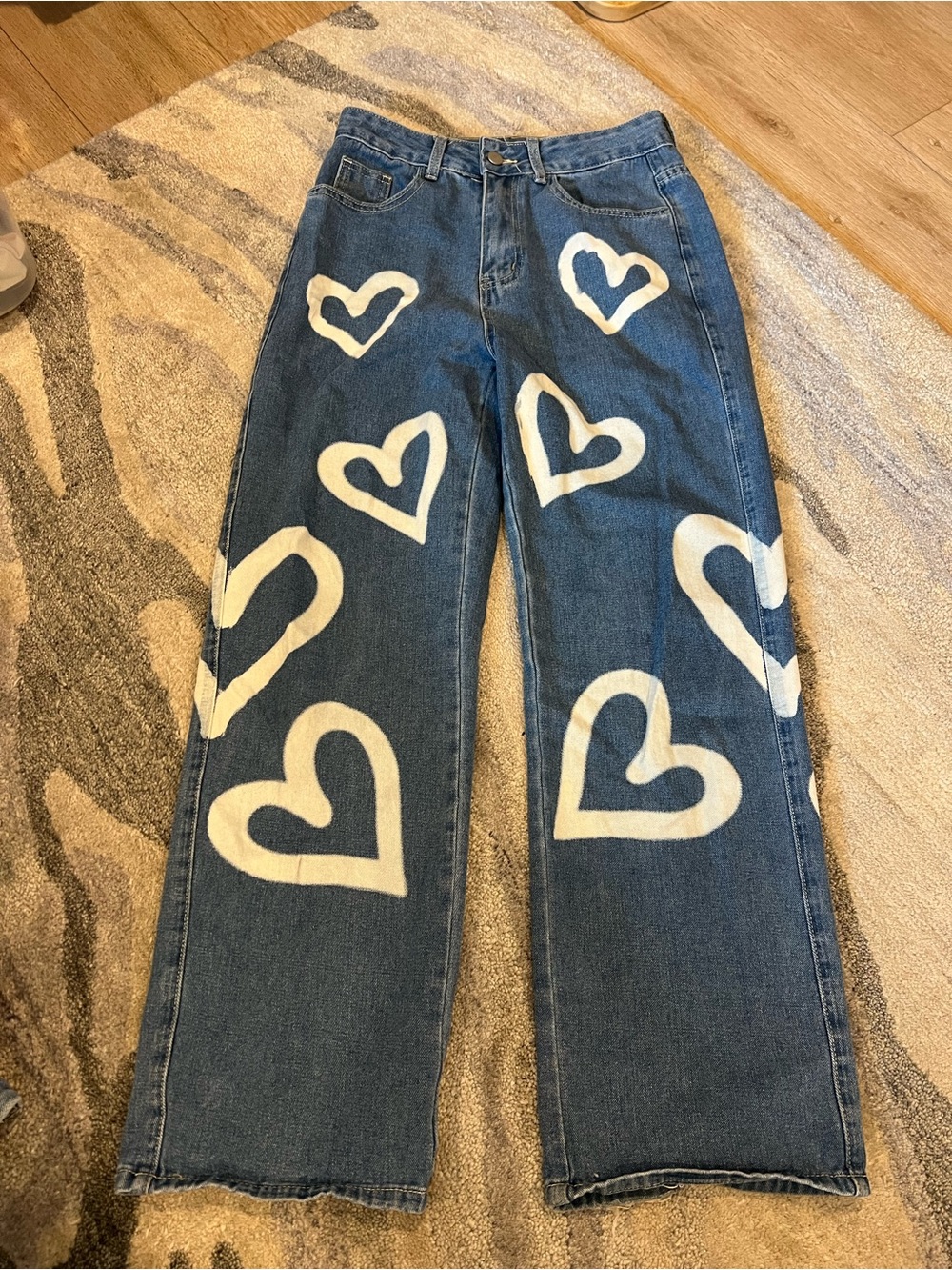 Women's Blue Denim Jeans with White Heart Print